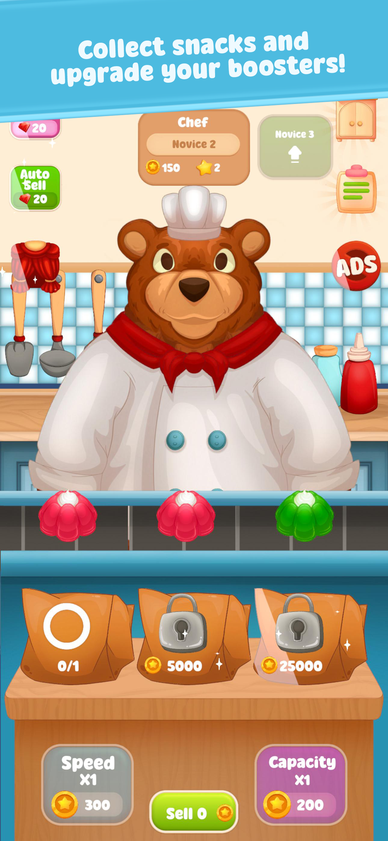 Snack collection, boosters, and capacity upgrades